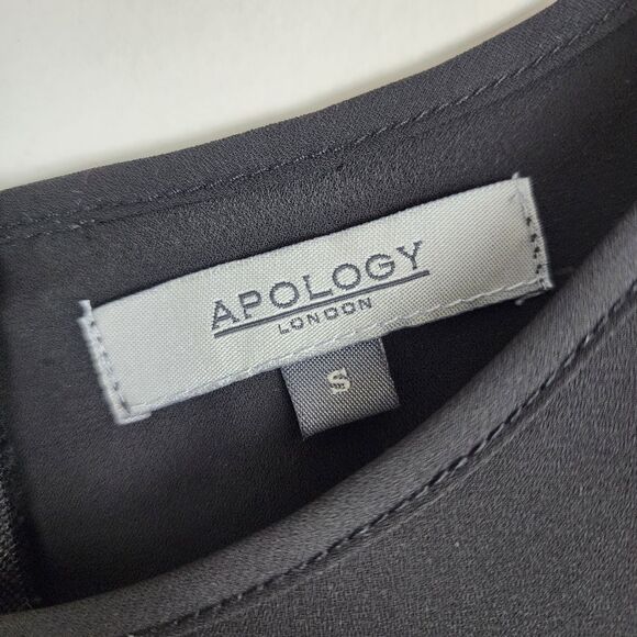 Apology London Black Top Blouse Back Gold Zip High-low Roll-tab Sleeve Size S - Picture 2 of 14